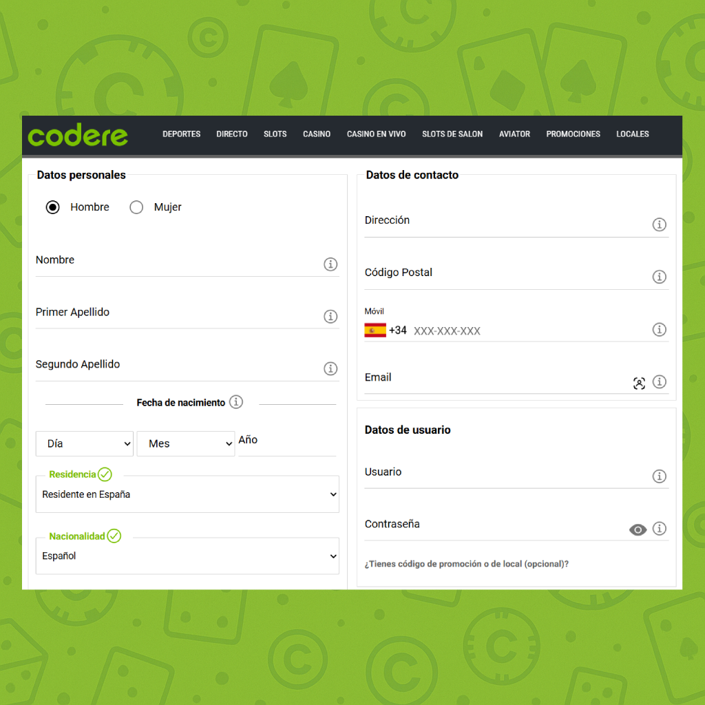 Registro de cuenta en Codere Casino